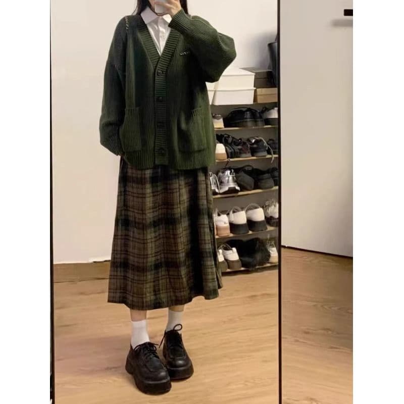 한 부서 느긋한 바람 작은 키 녹색 스웨터 여자 가을 겨울 2026 새로운 니트 카디건 코트 착용 가져 가라. 전체 집합 상세 이미지 2