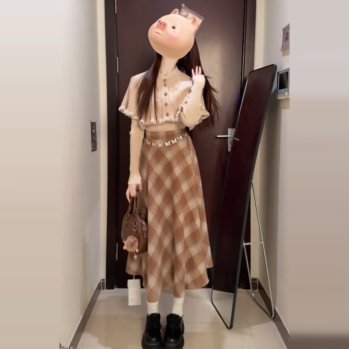 부유 한 가족 천 골드 miu 부서 착용 가져 가라. 세트 드레스 여성 가을 겨울 니트 스웨터 망토 투피스 세트 모직 체크무늬 반 스커트 이미지 4