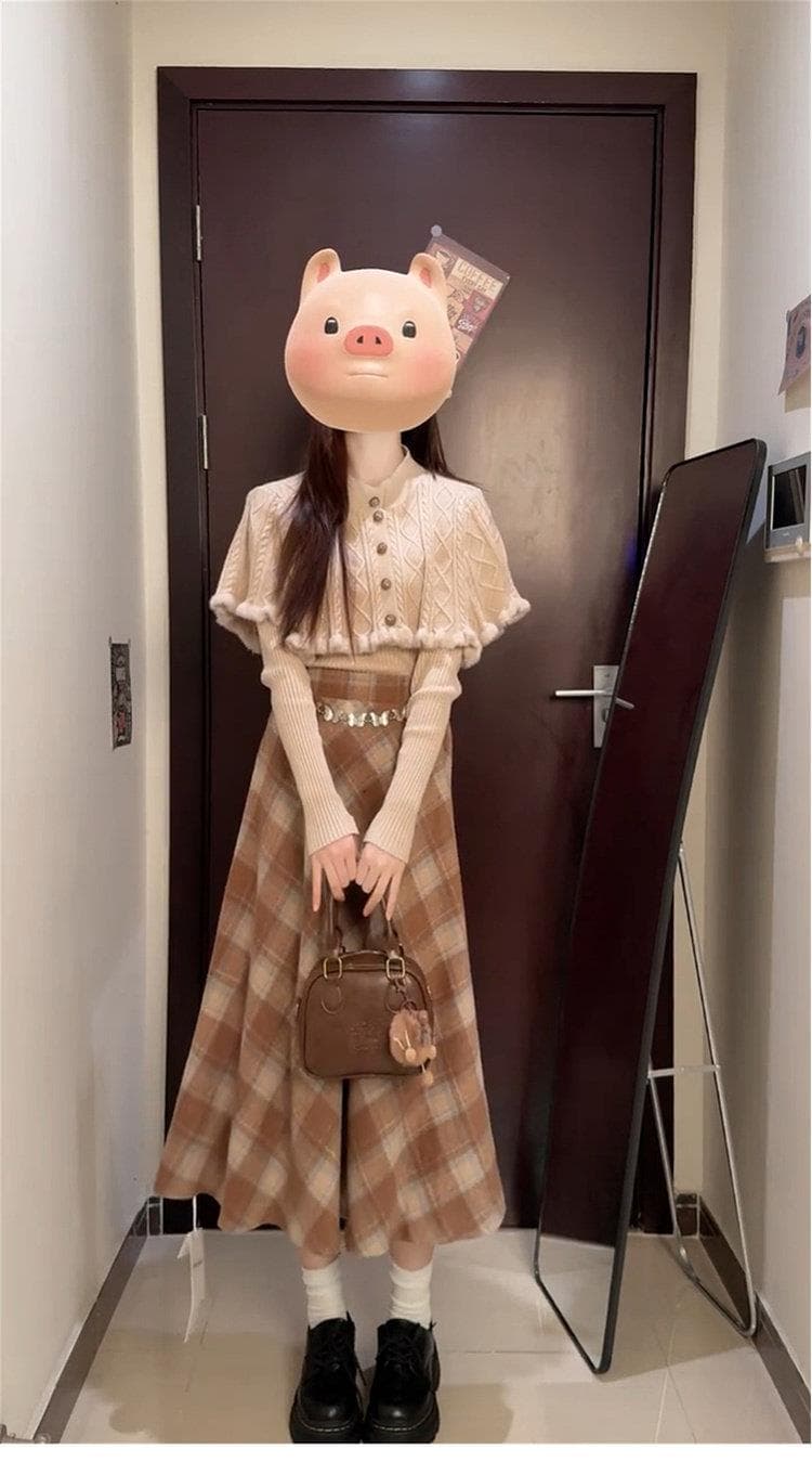 부유 한 가족 천 골드 miu 부서 착용 가져 가라. 세트 드레스 여성 가을 겨울 니트 스웨터 망토 투피스 세트 모직 체크무늬 반 스커트 상세 이미지 3