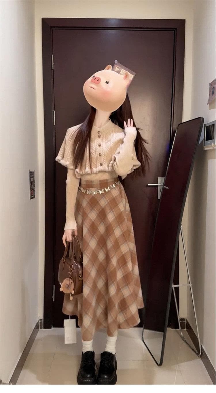 부유 한 가족 천 골드 miu 부서 착용 가져 가라. 세트 드레스 여성 가을 겨울 니트 스웨터 망토 투피스 세트 모직 체크무늬 반 스커트 상세 이미지 4