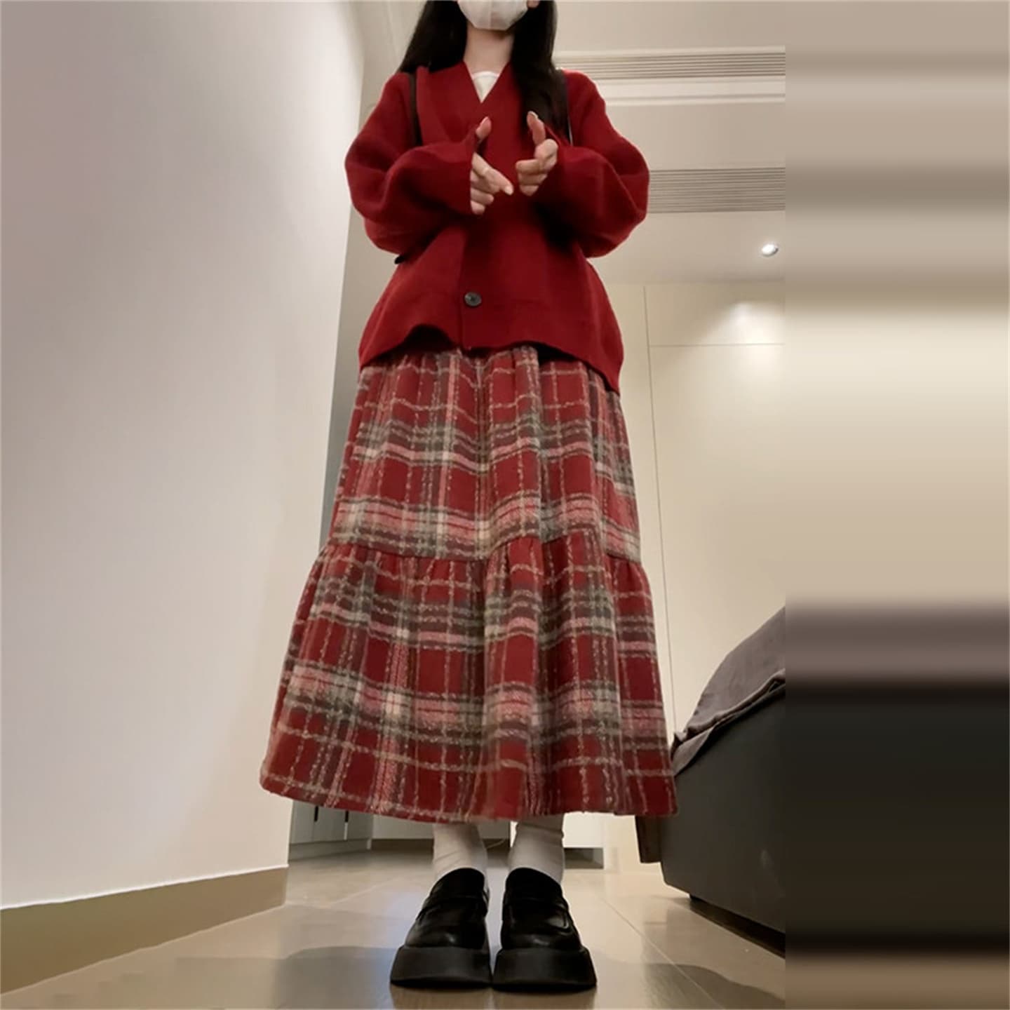 빨간색 스웨터 체크무늬 드레스 아이들 가을 겨울철 2026 새로운 한 부서 착용 가져 가라. 신년 새해 로브 세트 이미지 3