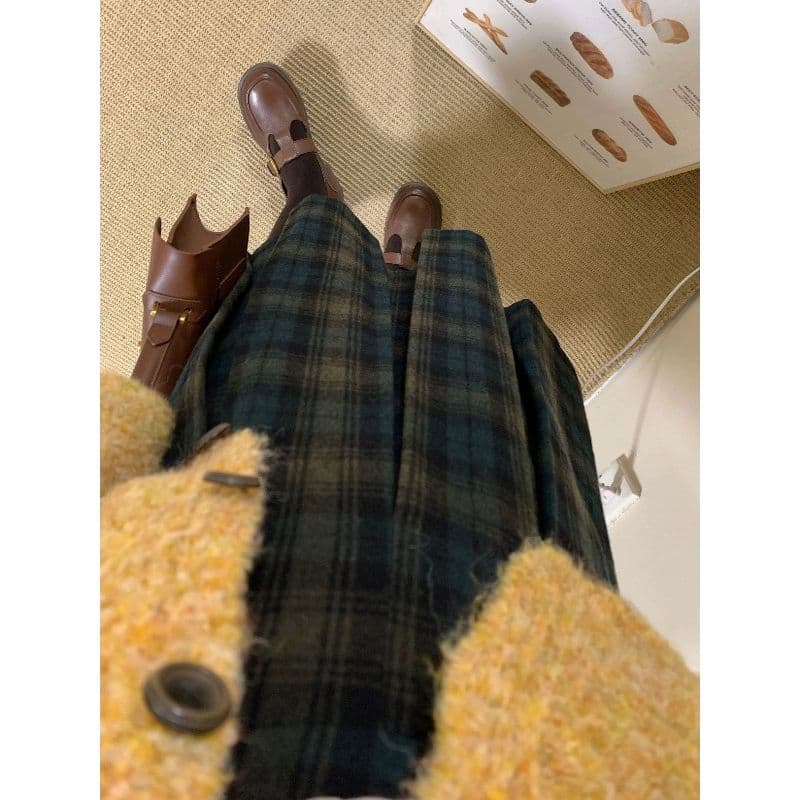 레트로 서클 털 황색 니트 오픈 가디건 여성 루즈핏 캐주얼 재킷 코디 녹색 체크무늬 반 스커트 투피스 세트 상세 이미지 2