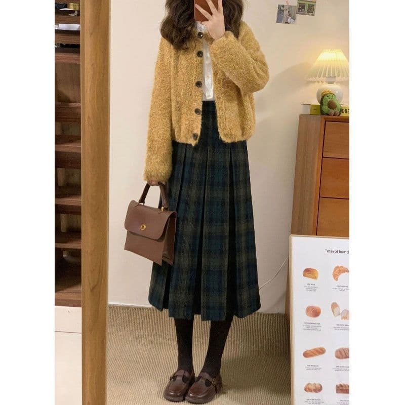 레트로 서클 털 황색 니트 오픈 가디건 여성 루즈핏 캐주얼 재킷 코디 녹색 체크무늬 반 스커트 투피스 세트 상세 이미지 3
