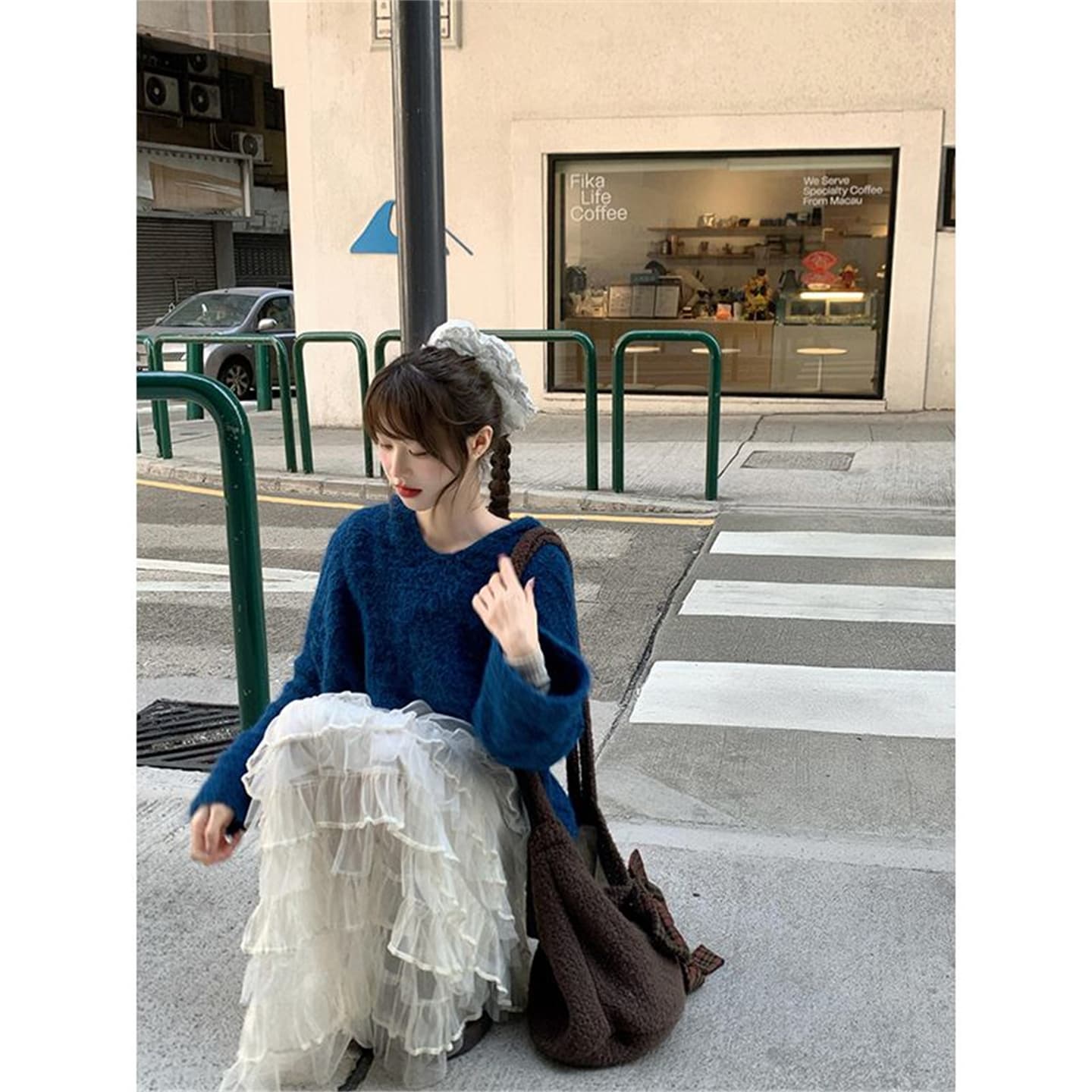 이른 가을 착용 가져 가라. 에이즈 환자 세트 여성 한 부서 느긋한 바람 V넥 풀오버 캐주얼 케이크 퍼프 반신 치마 이미지 5