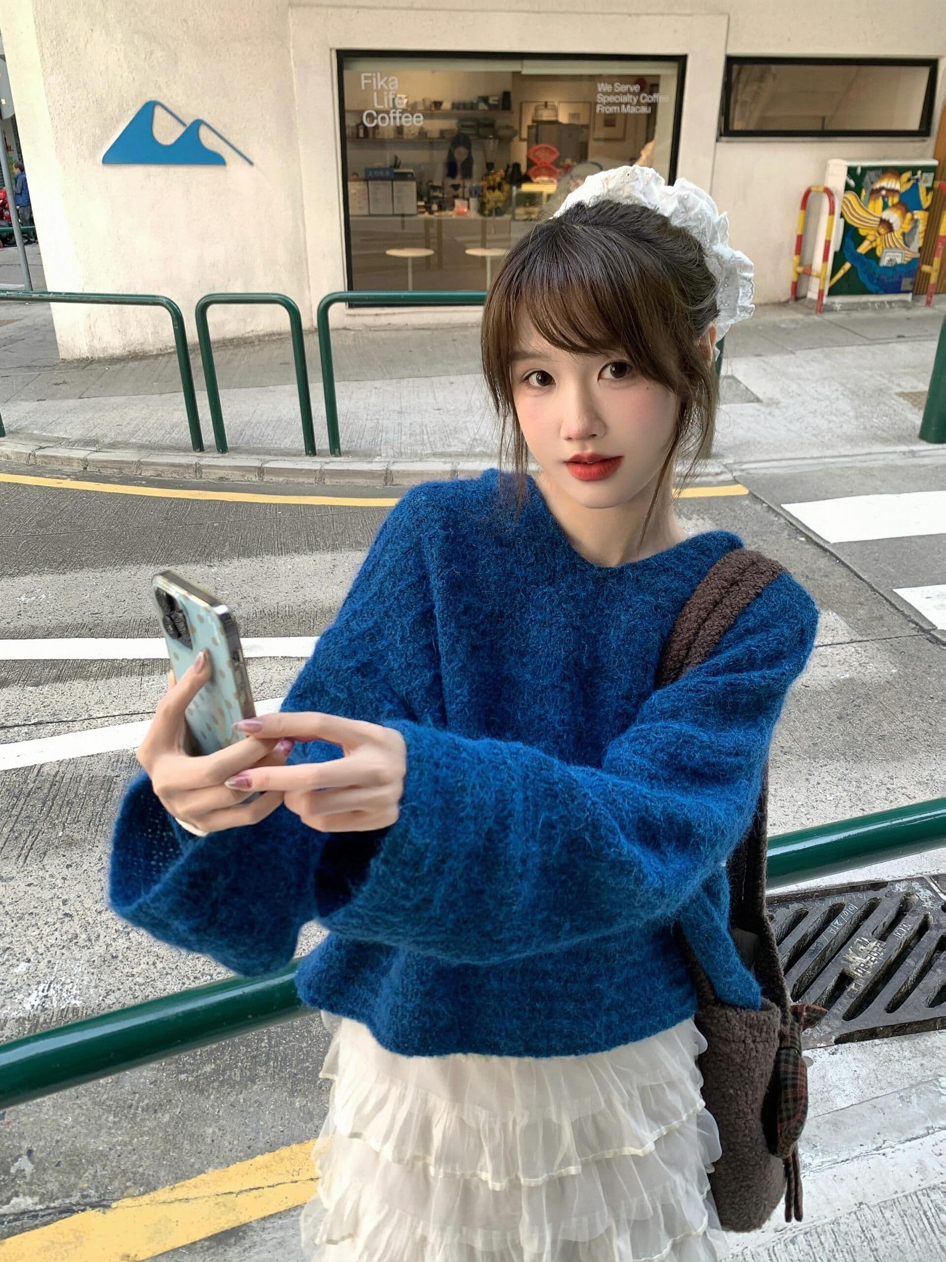 이른 가을 착용 가져 가라. 에이즈 환자 세트 여성 한 부서 느긋한 바람 V넥 풀오버 캐주얼 케이크 퍼프 반신 치마 상세 이미지 11