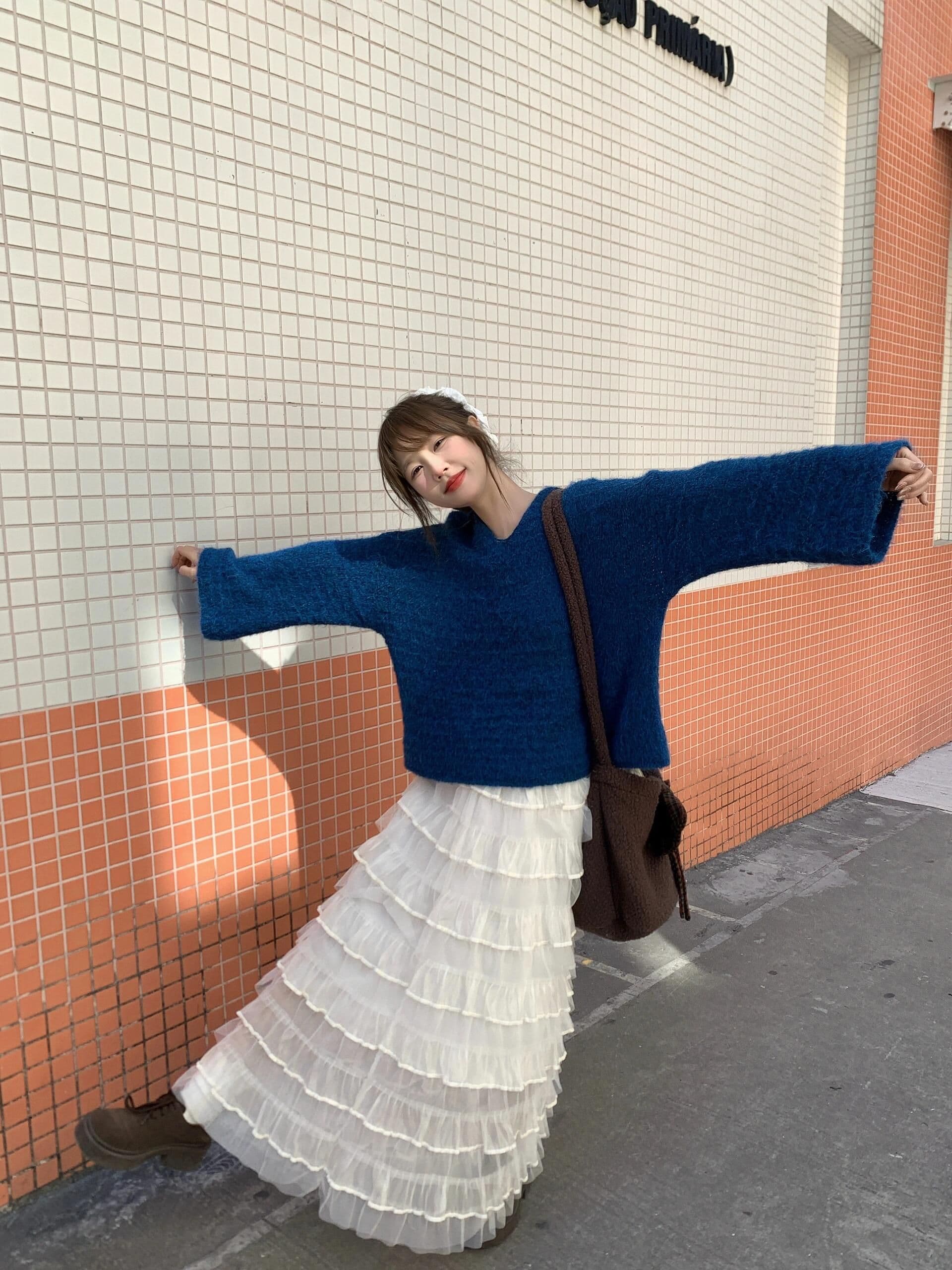 이른 가을 착용 가져 가라. 에이즈 환자 세트 여성 한 부서 느긋한 바람 V넥 풀오버 캐주얼 케이크 퍼프 반신 치마 상세 이미지 14