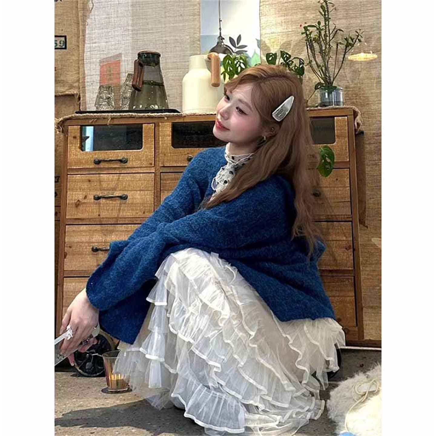 가을 착용 가져 가라. 세트 느긋한 바람 느슨함 센스 후드 스웨터 망사 케이크 반신 스커트 투피스 세트