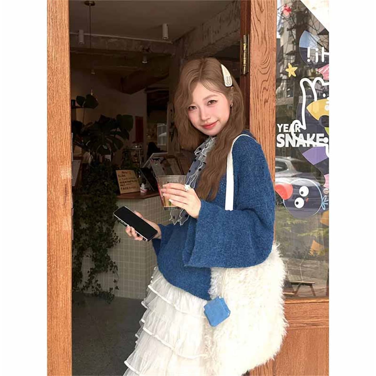 가을 착용 가져 가라. 세트 느긋한 바람 느슨함 센스 후드 스웨터 망사 케이크 반신 스커트 투피스 세트 이미지 2
