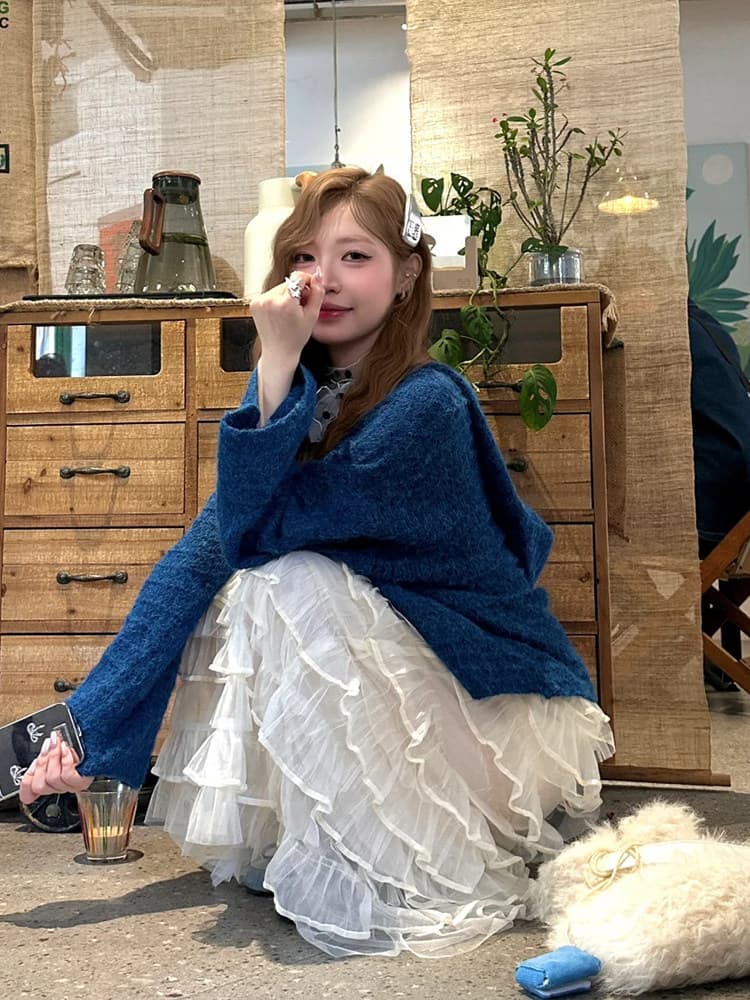 가을 착용 가져 가라. 세트 느긋한 바람 느슨함 센스 후드 스웨터 망사 케이크 반신 스커트 투피스 세트 상세 이미지 6