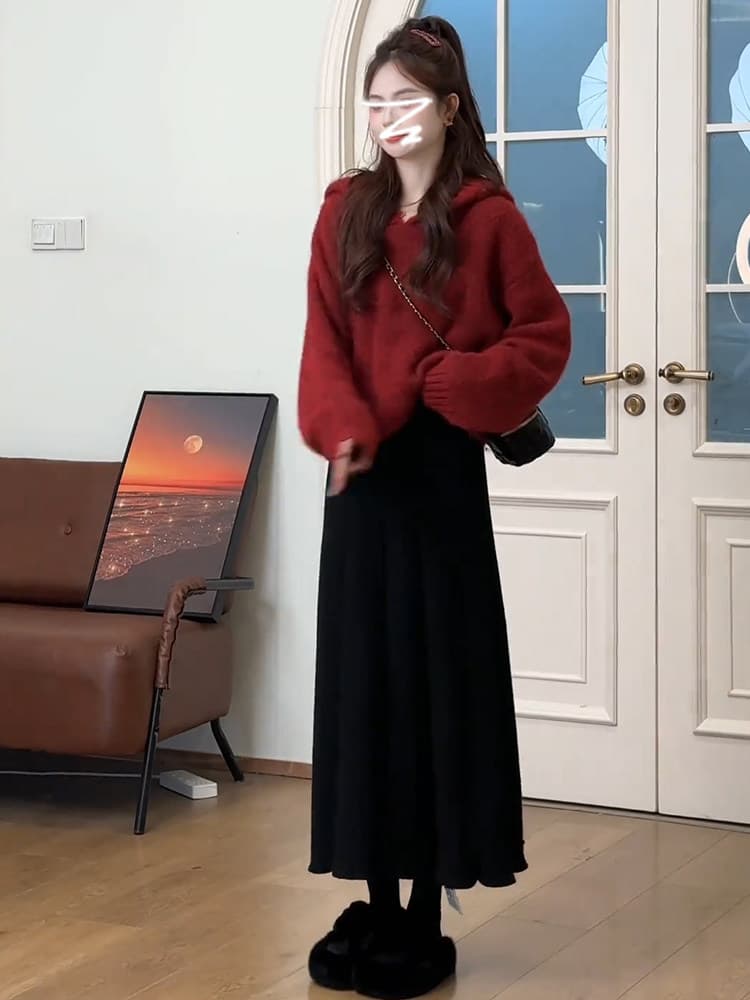 느긋한 바람 빨간색 후드 풀오버 스웨터 여자 가을 겨울철 2026 새로운 고급 센스 작은 키 겨울로 전체 집합 상세 이미지 3