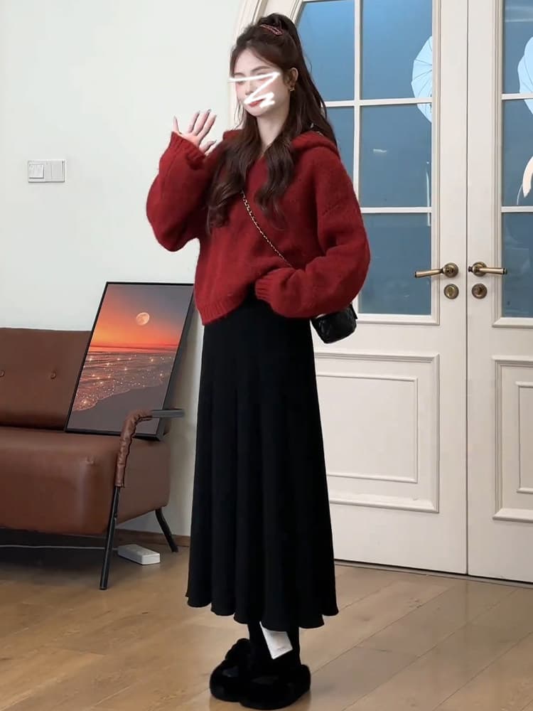 느긋한 바람 빨간색 후드 풀오버 스웨터 여자 가을 겨울철 2026 새로운 고급 센스 작은 키 겨울로 전체 집합 상세 이미지 4