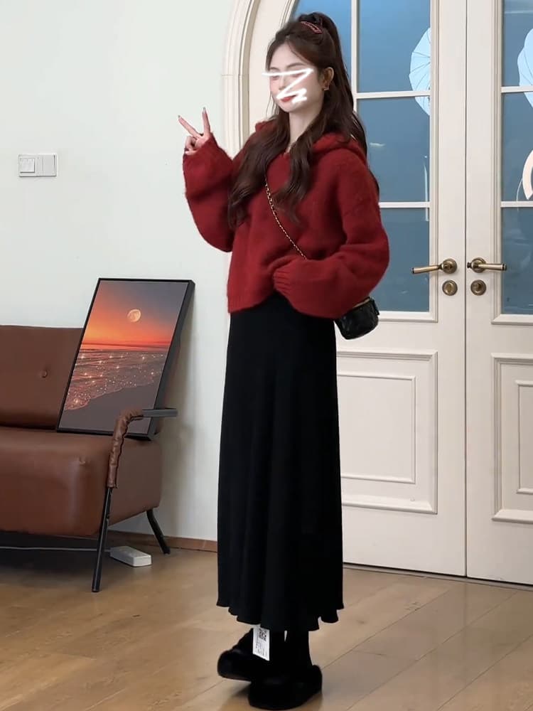느긋한 바람 빨간색 후드 풀오버 스웨터 여자 가을 겨울철 2026 새로운 고급 센스 작은 키 겨울로 전체 집합 상세 이미지 6
