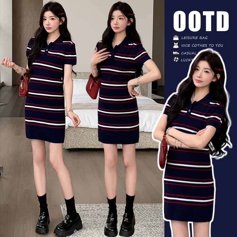 실사 지금 지금 임산부 새로운 프랑스식 블루 스트라이프 polo 디자인 센스 치마 이미지 5