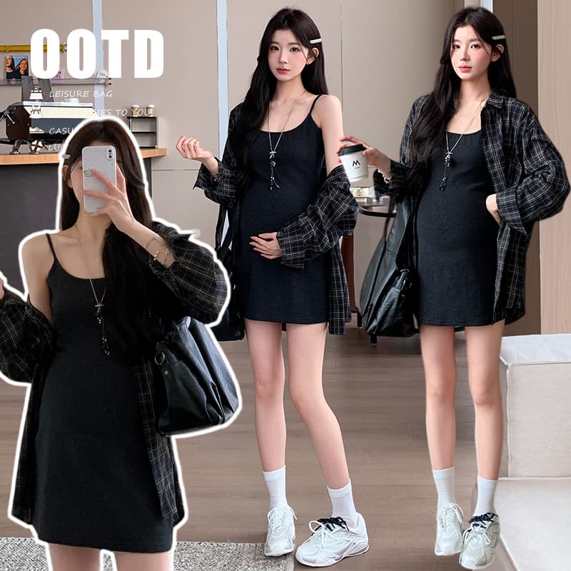 실사 지금 지금 임산부 새로운 세트 대 에디션 격자 무늬 셔츠 슬립 드레스 투피스 세트 이미지 3
