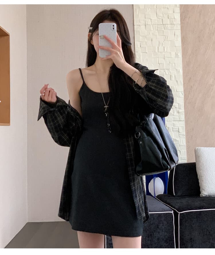 실사 지금 지금 임산부 새로운 세트 대 에디션 격자 무늬 셔츠 슬립 드레스 투피스 세트 상세 이미지 12