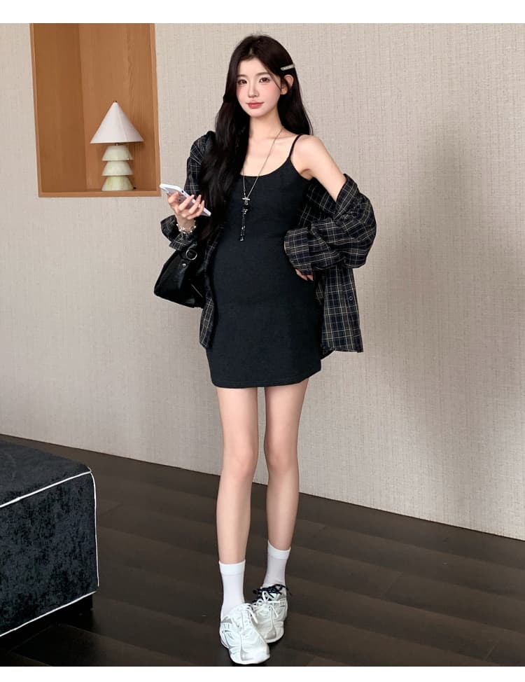 실사 지금 지금 임산부 새로운 세트 대 에디션 격자 무늬 셔츠 슬립 드레스 투피스 세트 상세 이미지 15