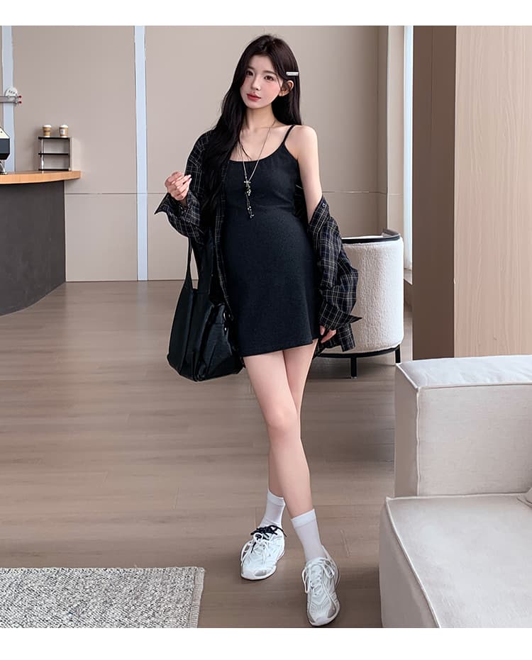 실사 지금 지금 임산부 새로운 세트 대 에디션 격자 무늬 셔츠 슬립 드레스 투피스 세트 상세 이미지 18