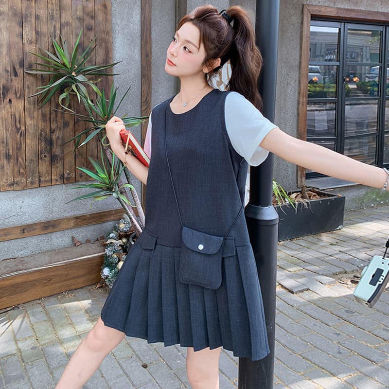 출산 착용 새로운 한 부서 연령 감소 패치워크 페이크 레이어드 플리츠 스커트 보내기 가방 이미지 5