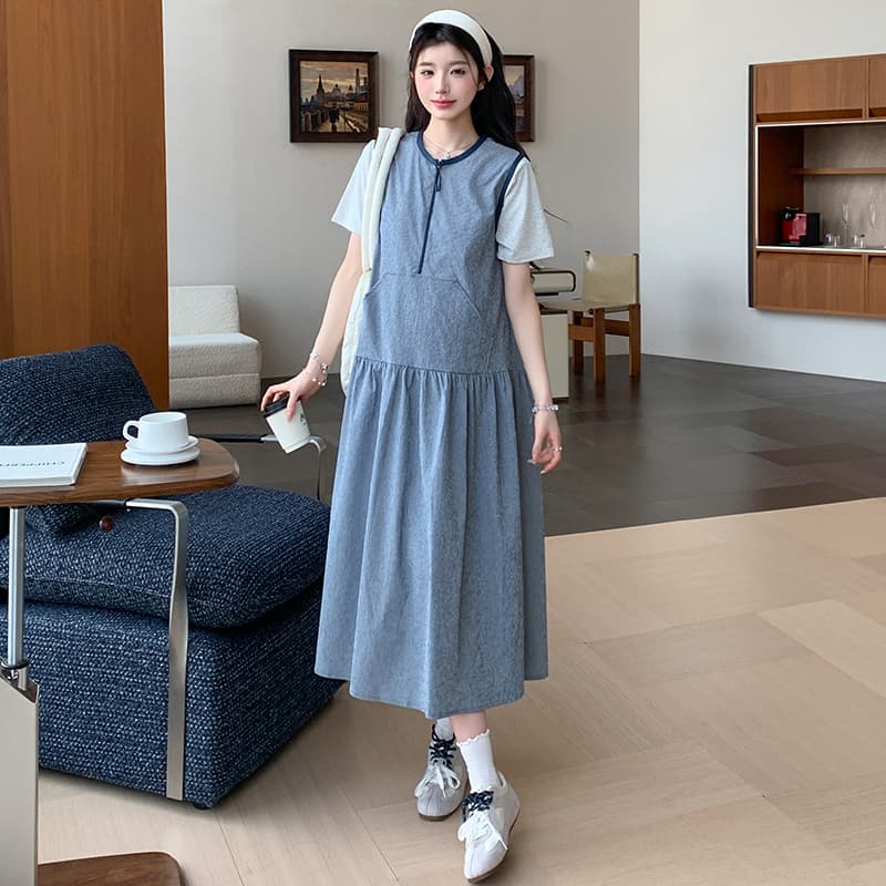 실사 지금 지금 출산 착용 새로운 중간 길이 민소매 루즈핏 좋은 블루 기사 드레스 쌀 회색 티셔츠 세트 이미지 4