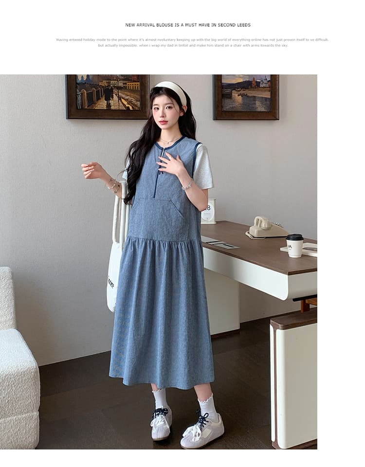실사 지금 지금 출산 착용 새로운 중간 길이 민소매 루즈핏 좋은 블루 기사 드레스 쌀 회색 티셔츠 세트 상세 이미지 15