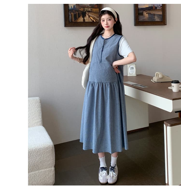 실사 지금 지금 출산 착용 새로운 중간 길이 민소매 루즈핏 좋은 블루 기사 드레스 쌀 회색 티셔츠 세트 상세 이미지 16
