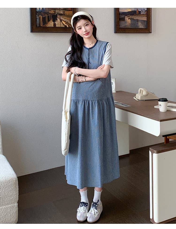 실사 지금 지금 출산 착용 새로운 중간 길이 민소매 루즈핏 좋은 블루 기사 드레스 쌀 회색 티셔츠 세트 상세 이미지 17