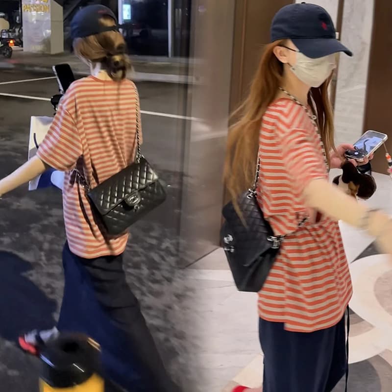 임산부 새로운 캐주얼 와 성별 배색 스트라이프 라운드 넥 t 플러스 블루 트임 반 스커트 이미지 2
