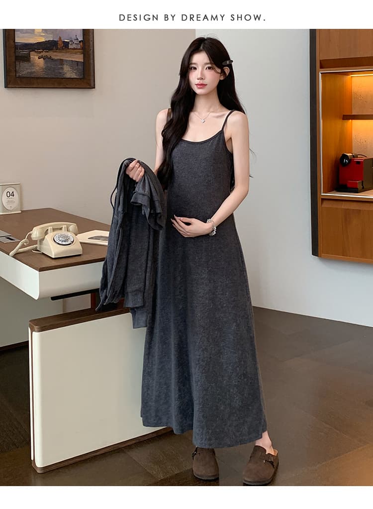 실사 지금 가을 임산부 새로운 한국 스타일 루즈핏 재킷 표지 배 슬림해 보이는 슬립 점프 슈트 치마 세트 상세 이미지 23