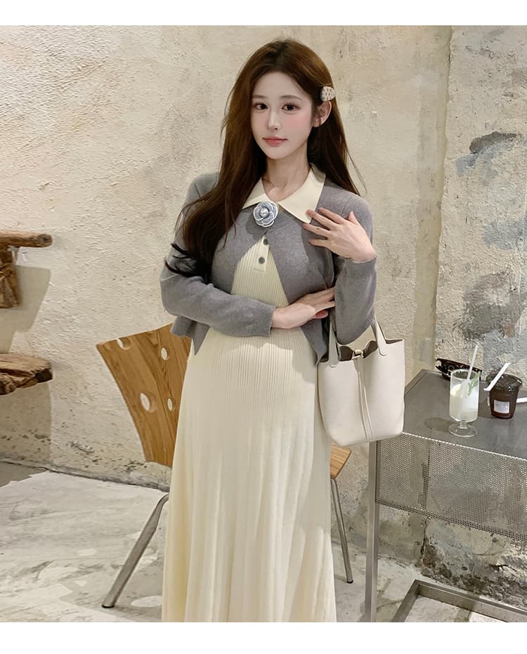 실사 2026 임산부 새로운 miu 부서 부드러운 드레스 회색 니트 외부 가져 가라. 상세 이미지 18