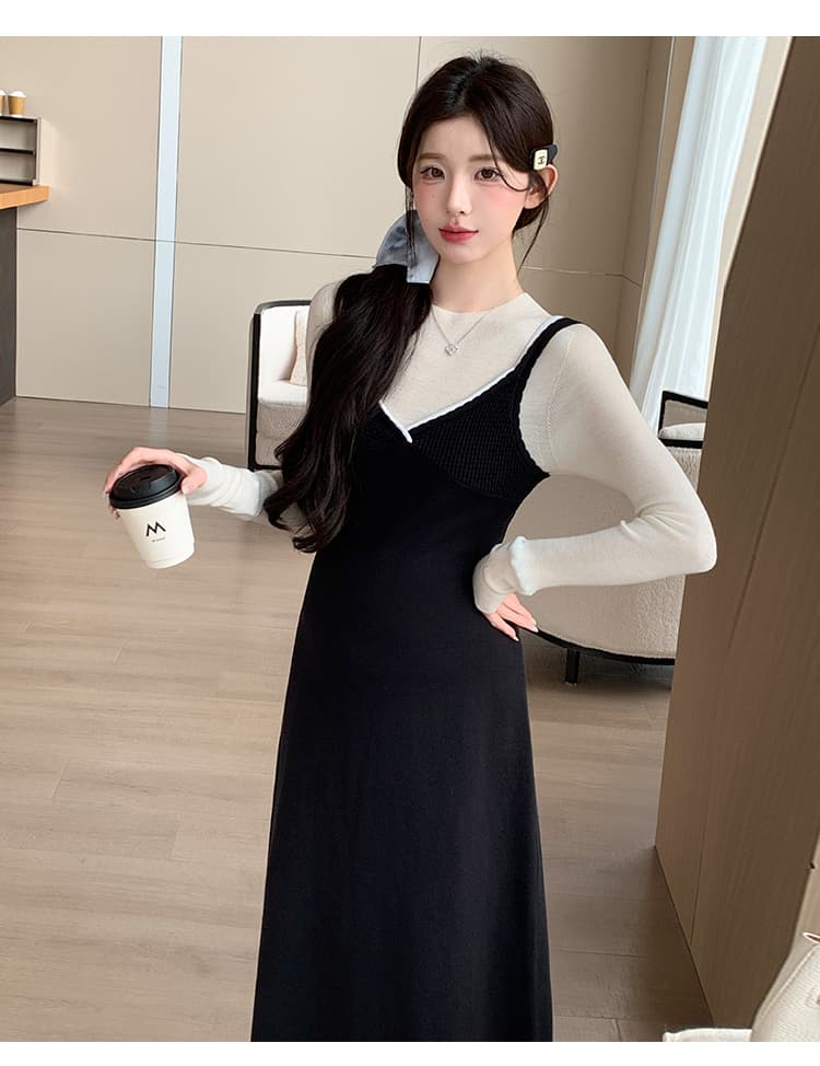 실사 2026 임산부 새로운 프랑스식 우아함 배색 니트 슬립 드레스 플러스 슬림해 보이는 니트 만나는 세트 상세 이미지 15