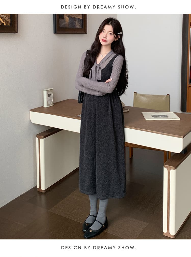 실사 가을 임산부 새로운 디자인 센스 리본 스트랩 긴팔 맨위 조끼 치마 세트 상세 이미지 16