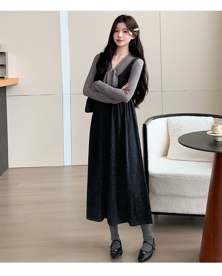 실사 가을 임산부 새로운 디자인 센스 리본 스트랩 긴팔 맨위 조끼 치마 세트 상세 이미지 18