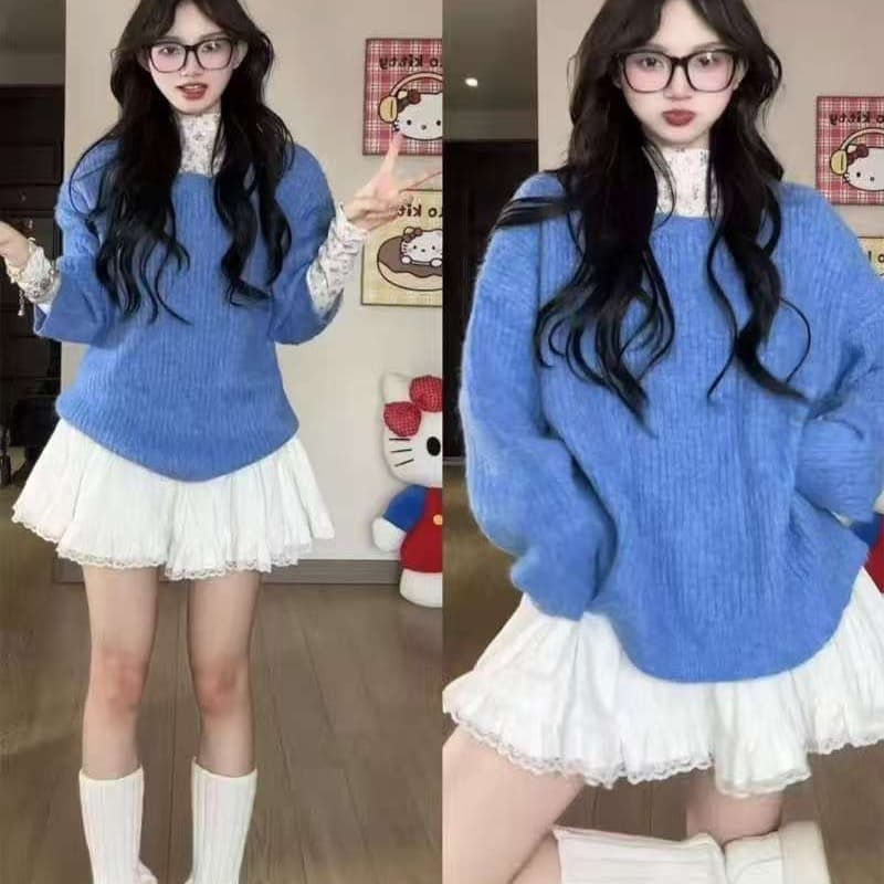 한 부서 파란색 라운드 넥 스웨터 여자 가을 겨울철 2026 새로운 루즈핏 느긋한 고급 센스 수 있습니다. 외출용 인사이드 잡아라. 의류 이미지 5