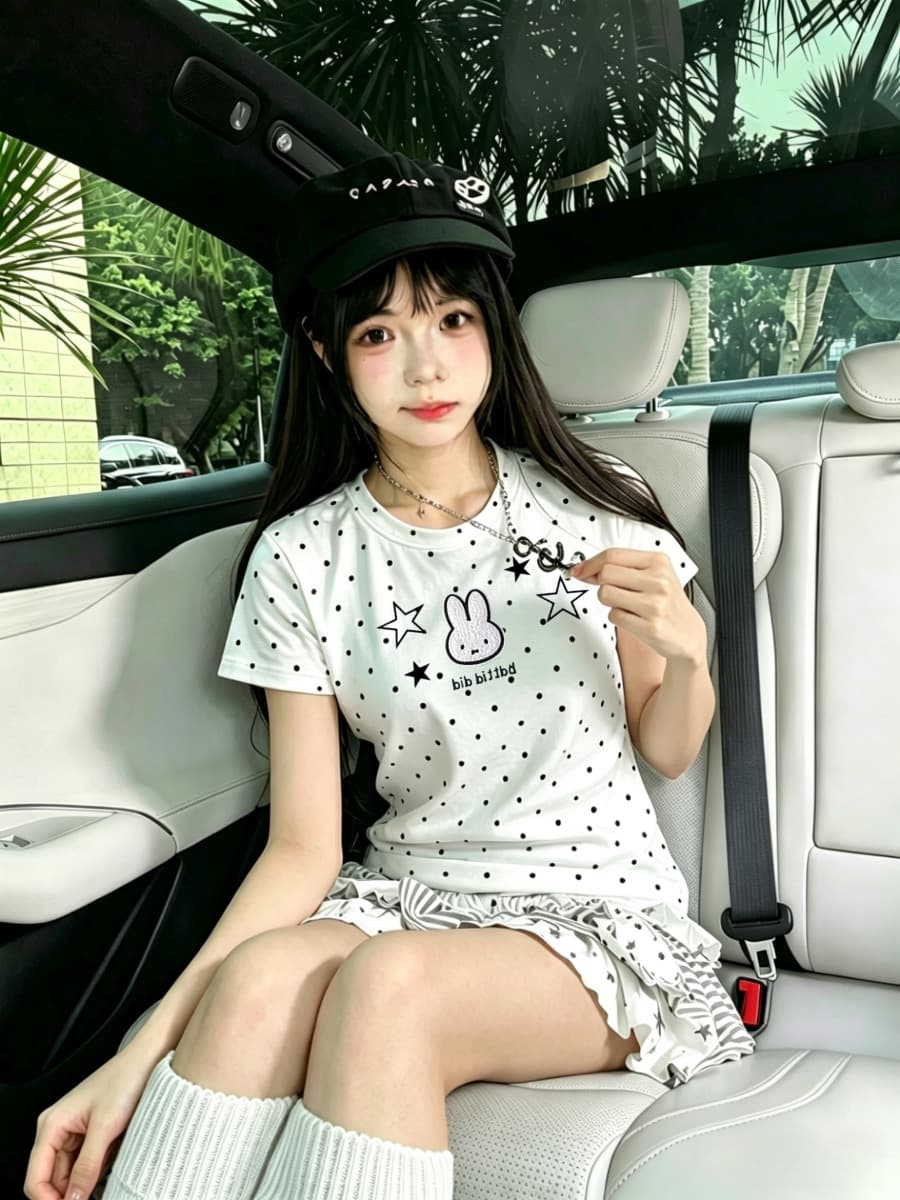 도트 무늬 토끼 프린트 반팔 티셔츠 여성 여름 핫걸 몸매 가꾸기 긍정적 인 어깨 의류