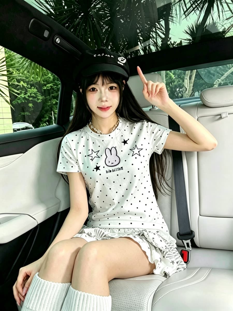 도트 무늬 토끼 프린트 반팔 티셔츠 여성 여름 핫걸 몸매 가꾸기 긍정적 인 어깨 의류 상세 이미지 4