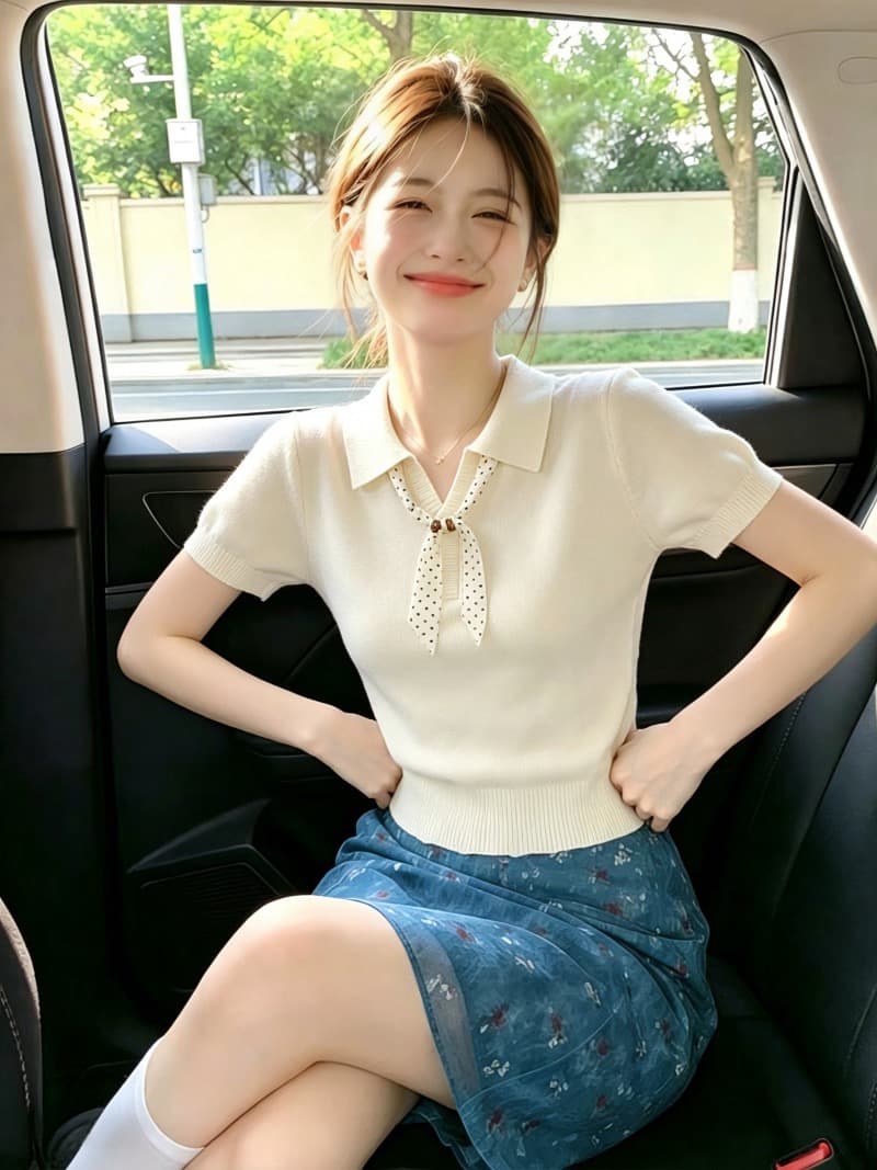 보존 섹션 추천 한 부서 비즈 스카프 POLO 칼라 니트 반팔 여성 여름 새로운 다용도 슬림해 보이는 맨위 이미지 2