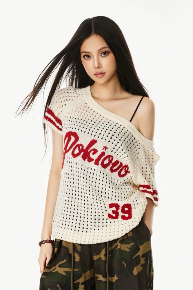 아메리칸 레트로 홀로우 아웃 신발 어깨 반팔 맨위 다용도 캐주얼 여름 통기성 니트 스웨터 블라우스