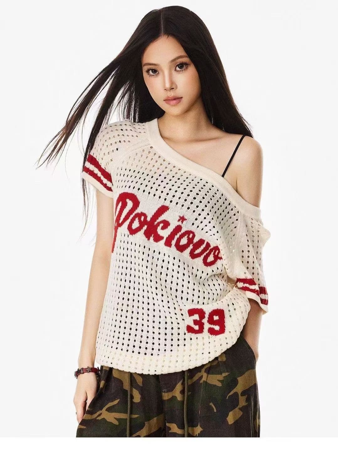 아메리칸 레트로 홀로우 아웃 신발 어깨 반팔 맨위 다용도 캐주얼 여름 통기성 니트 스웨터 블라우스 이미지 3