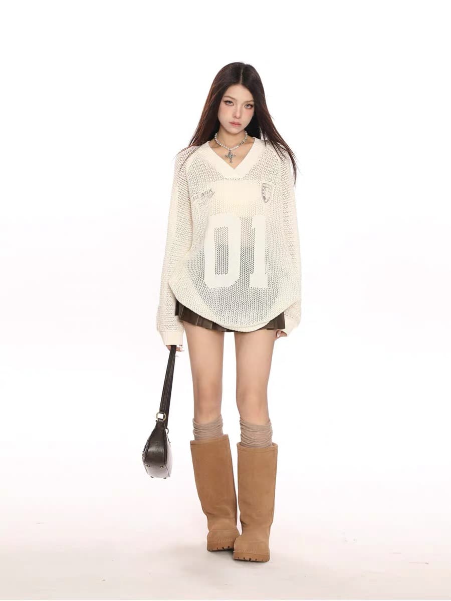 봄 여름 새로운 아메리칸 높음 거리 운동 바람 니트 홀로우 아웃 V넥 홀로우 아웃 맨위 여성 루즈핏 저지 자외선 차단 블라우스 상세 이미지 2