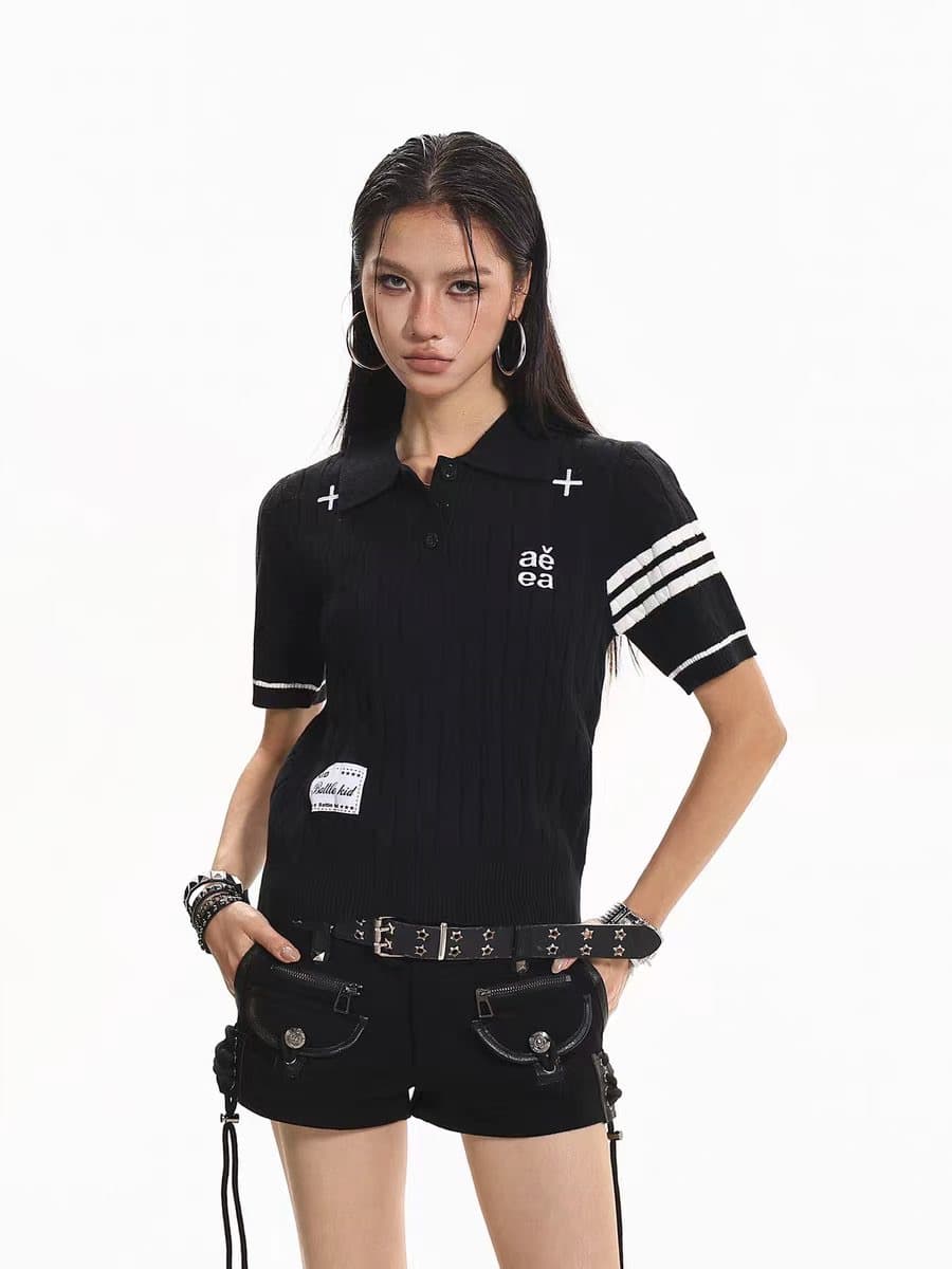아메리칸 학원 스타일 폴로 칼라 로드 기사 polo 니트 스웨터 반팔 여성 루즈핏 오래된 돈 바람 여름 이미지 3