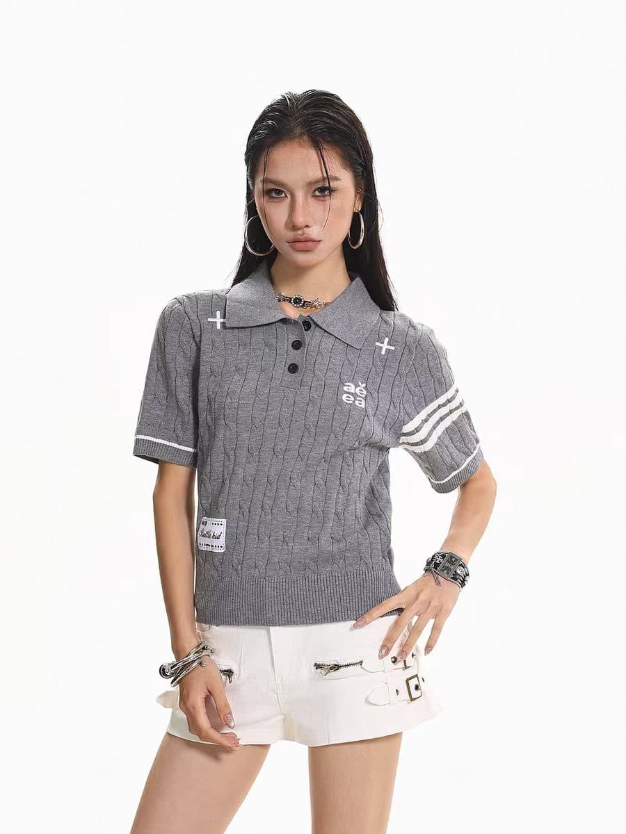 아메리칸 학원 스타일 폴로 칼라 로드 기사 polo 니트 스웨터 반팔 여성 루즈핏 오래된 돈 바람 여름 상세 이미지 3