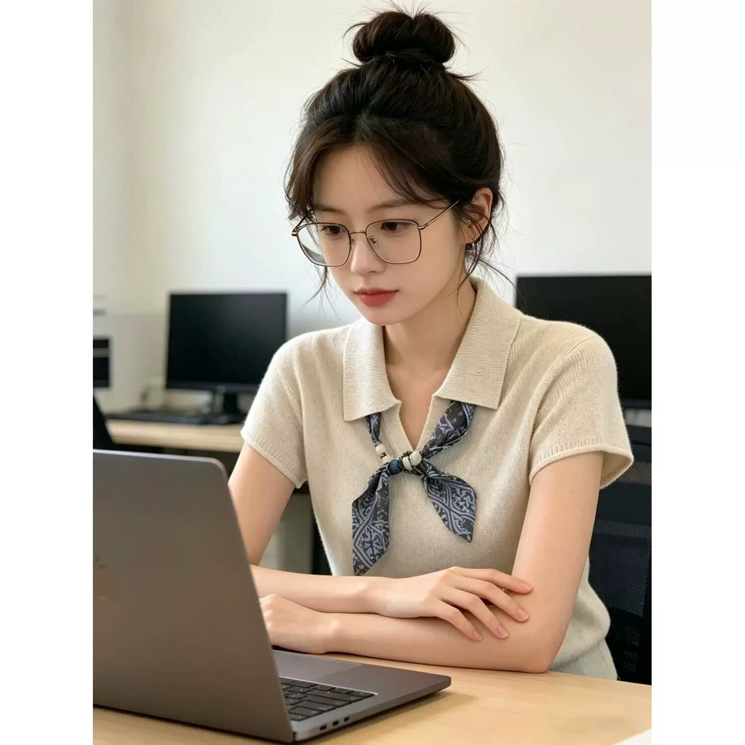 오래된 돈 바람 POLO 칼라 스카프 반팔 니트 스웨터 여성 초기 여름 한 부서 디자인 센스 얇은 스타일 슬림해 보이는 품격 맨위 이미지 5