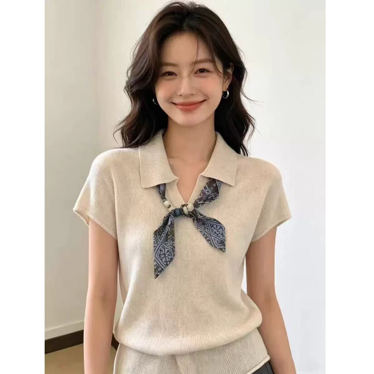 오래된 돈 바람 POLO 칼라 스카프 반팔 니트 스웨터 여성 초기 여름 한 부서 디자인 센스 얇은 스타일 슬림해 보이는 품격 맨위 상세 이미지 1
