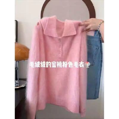 애플 그린 POLO 칼라 느긋한 플리스 센스 스웨터 여자 가을 겨울 두꺼운 부드러운 찹쌀 니트 스웨터 작은 청신 연령 감소 맨위 상세 이미지 1