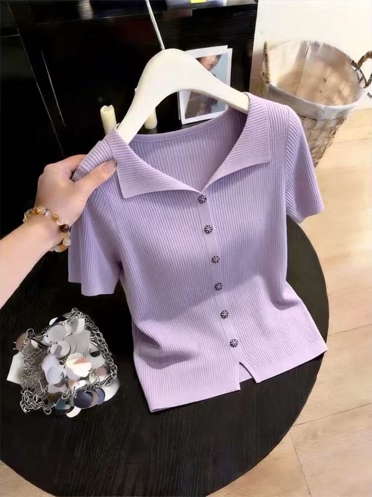 한 부서 빛 럭셔리 보라색 폴로 칼라 반팔 니트 스웨터 티셔츠 여름 작은 키 부드러운 바람 몸매 가꾸기 쇼트 스타일 맨위 트렌디 상세 이미지 5