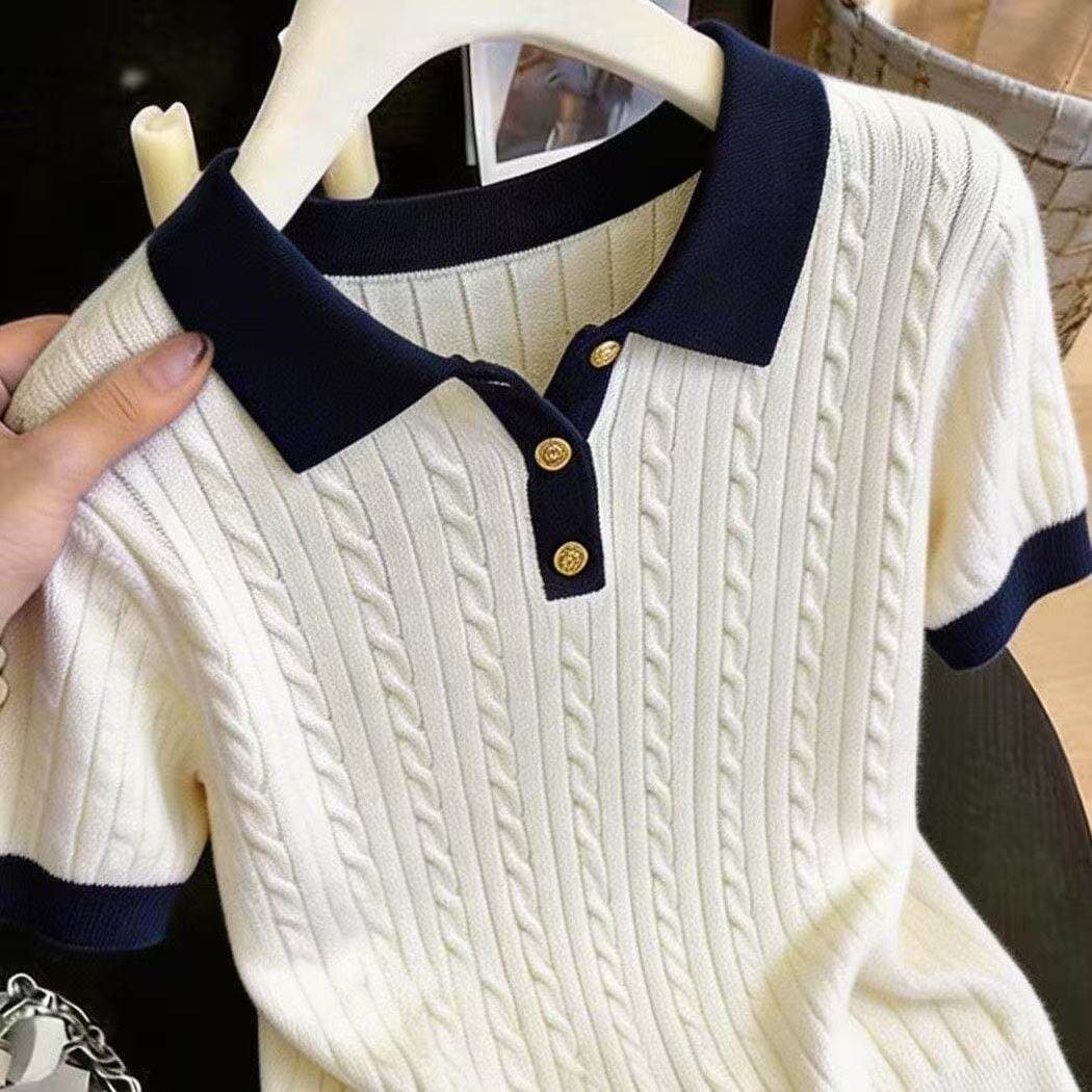 한 부서 얼음 실크 POLO 셔츠 티셔츠 여성 여름 얇은 스타일 작은 키 꽈배기 니트 반팔 쇼트 스타일 폴로 칼라 맨위 상세 이미지 4