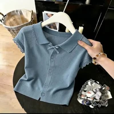 달콤함 배색 폴로 칼라 반팔 니트 스웨터 여성 여름 2026 단추 오픈 가디건 고유 한 Chic 작은 대중 맨위 새로운 상세 이미지 1