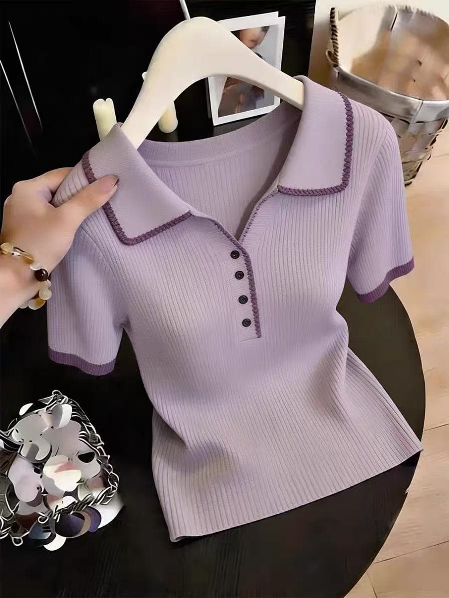 한 부서 보라색 V넥 반팔 티셔츠 여성 2026 여름 새로운 POLO 칼라 니트 긍정적 인 어깨 반소매 동정 쇼트 스타일 맨위 상세 이미지 1