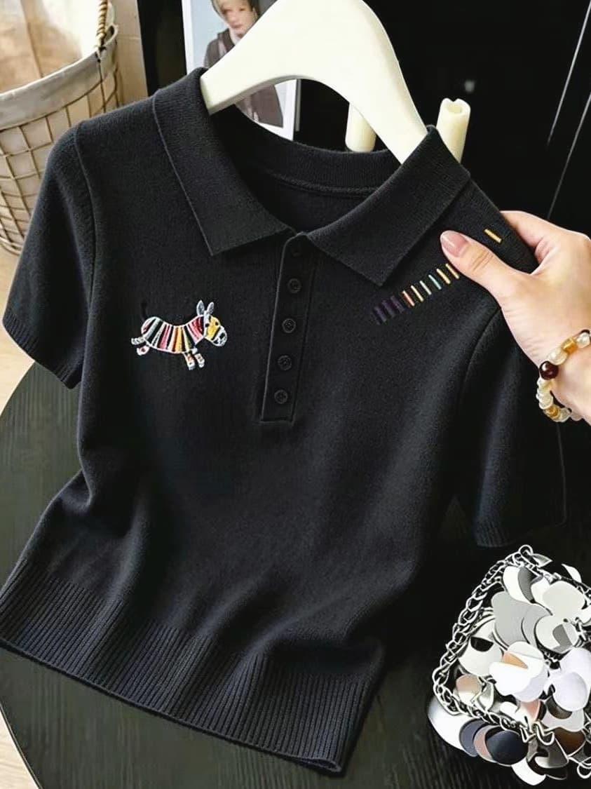 한 부서 POLO 칼라 자수 니트 반팔 티셔츠 여성 여름 디자인 센스 몸매 가꾸기 얼음 실크 긍정적 인 어깨 폴로 칼라 맨위 얇은 상세 이미지 4