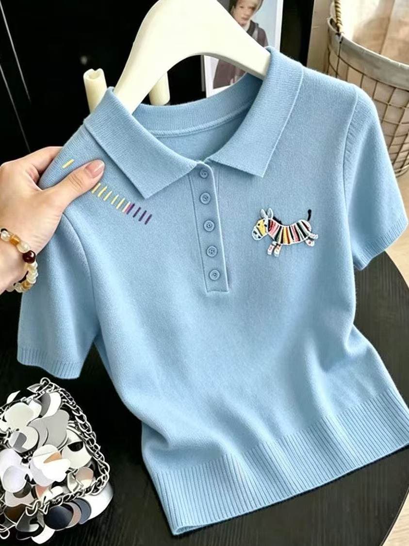 한 부서 POLO 칼라 자수 니트 반팔 티셔츠 여성 여름 디자인 센스 몸매 가꾸기 얼음 실크 긍정적 인 어깨 폴로 칼라 맨위 얇은 상세 이미지 9